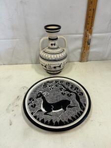 Hand-Made Cyprus Pottery Set: D. Zayn Kyrenia Amphora Vase & Plate, Black-Figure Animal Motif