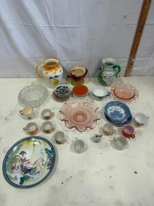 Vintage Decorative Tableware Lot: Botin Madrid Jug, Depression Glass, Souvenir Plates, 21 pcs