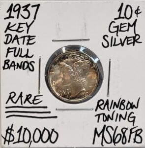 1937 Mercury Dime, MS68FB, Full Bands, Rainbow Toning, 90% Silver
