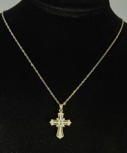 Gold Cross Pendant Necklace with Oval Center Diamond and Milgrain Detail