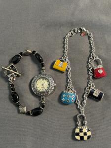 Beaded Quartz Bracelet Watch & Purse Charm Enamel Bracelet, Toggle & Lobster Clasps, 19-20cm
