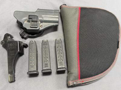 (3) Glock .40 Magazines w/ Blackhawk SERPA Holster, HKS Loader & Soft Pistol Case, 13rd Mags