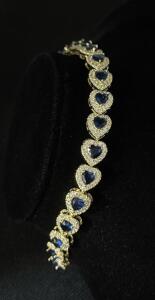 14k Yellow Gold Tennis Bracelet with Heart-Shaped Blue Sapphires and Diamonds