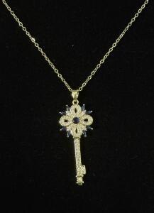 14K Yellow Gold Key Pendant Necklace with Blue Sapphires and Clear Stones