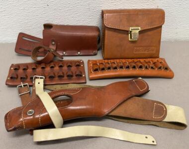 Vintage Bucheimer Shoulder Holster, Cabela&rsquo;s Knife Sheath, Ammo Slides & Porta-pak Leather Pouch