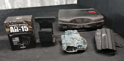 (1) AR-15 Runner Mount, (1) 9-MM Pistol Case & (2) Kydex Tactical Holsters, Models Unknown