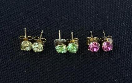 Set of 3 Pairs Colored Rhinestone Stud Earrings &ndash; Yellow, Green, Pink, 6mm Diameter