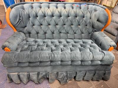 **Rocker** Blue Tufted Skirted Loveseat with Wood Arms, Made in USA, Polyester Upholstery, 61" Wide