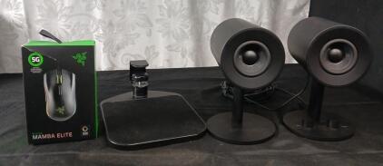 (1) Razer Mamba Elite Wired USB Gaming Mouse, (1) Pair Of Razer Nommo Chroma 2.0 Gaming Speakers & (1) Clamp On Desk Mouse Pad