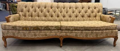 Vintage French Provincial Sofa with Carved Wood Frame and Tufted Back