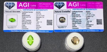 2) Certified Natural Gemstones, 1) 5.40ct. Kenya Green Marquis Cut Indocrase 1) 7.25 Madagascar Brown Enstatite Faceted Cushion Cut