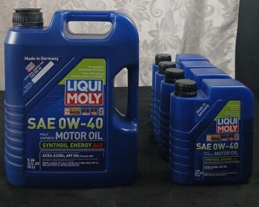(1) 5-Liter (5.28 U.S. quart) Jug Of Liqui Moly Synthoil Energy A40 SAE 0W-40 Fully Synthetic Motor Oil & (4) 1-Liter (1.06 U.S. quart) Bottles Of Liqui Moly Synthoil Energy A40 SAE 0W-40 Fully Synthetic Motor Oil