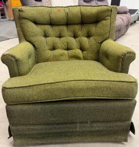 Mid-Century Olive Green Tufted Armchair, Skirted Base, Loose Cushion, Vintage Style