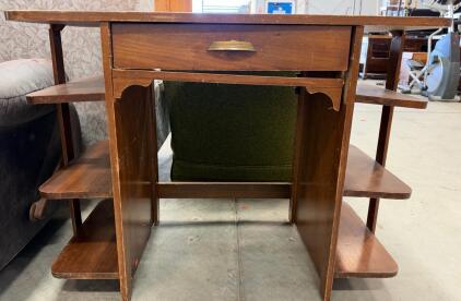 Mid-Century Student Writing Desk, 6 Open Shelves, 1 Drawer with Dividers, Brown Wood, 40"x20"x31"