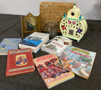 Bird House, Wicker Basket and Assorted Books