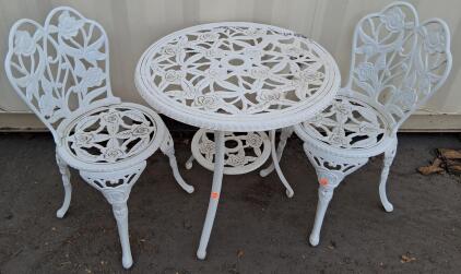 White Cast Aluminum 3-Piece Bistro Set with Floral Rose Design, Round Table, 2 Chairs, Umbrella Hole