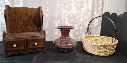 (1) Vintage Wooden Countertop / Wall Hanging Shelf W/ Drawer, (1) 9" Amethyst Art Glass Vase & (1) Wicker Basket