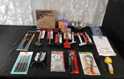 (1) Chicken Shredder, (1) 6-Piece 13" Skewer Set, (1) 4-Piece Steak Knife Set. (1) Stainless Steel Cheese Slicer & More