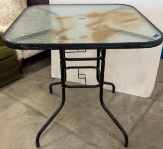 Square 38" Outdoor Patio Table, Glass Top, Black Powder-Coated Steel Frame, Umbrella Hole