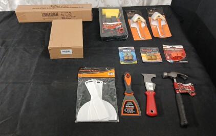 (1) 2-Pack Of 16" Stainless Steel Grab Bars, (1) Towel Ring, Matte Black, (1) 6-Piece 4" Paint Tray set, (2) Corner Paint Brushes, (1) 4-Piece Plastic Putty Knife Set, (1) 3" Steel Scraper, (1) Painter's 5-In-1 Tool, (1) 12-Oz Hammer, (1) 2-Pack Of Outl
