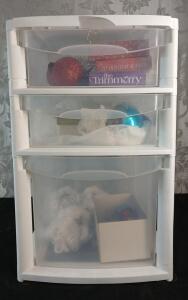 (1) 3-Drawer Plastic Storage Unit W/ Assorted Holiday Decor & Christmas Ornaments