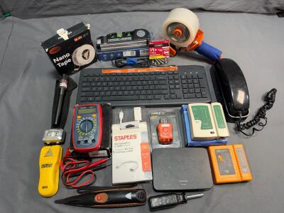Mixed Lot: Linksys Switch, AstroAI Multimeter, Cooltek Laser Level, Nano Tape, Tools & More