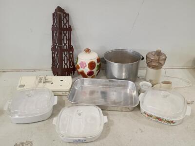 Vintage CorningWare Casserole Dishes, West Bend Food Processor, Kitchenware Lot