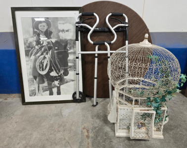 Folding Aluminum Walker with 5" Wheels, Large bird Cage, Large Little cowboy Framed Art, round Table