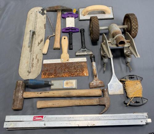 Assorted Concrete/Masonry Hand Tools Lot &ndash; Trowels, Hammers, Scrapers, Line Reel, Edger, Sledgehammer