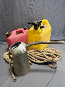 Red Gasoline and Yellow Diesel 5-Gallon Fuel Cans, Metal Pouring Can, 30ft Cotton Rope Lot