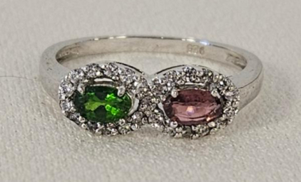 Sterling Silver 925 Toi et Moi Ring With Green and Pink Oval Stones & Clear Accent Halo