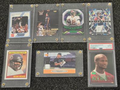 Lot Of 7 Star Sports Cards: Jordan, McGrady Rookie, Derek Jeter, Brady, Williams RC, Payton, Bailey PSA 8