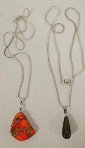 Sterling Silver 925 Gemstone Pendant Necklaces&mdash;Tiger&rsquo;s Eye Teardrop & Red Jasper Freeform Set