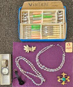 Vintage Mixed Lot: Elgin Galaxie & Movado Museum Watches, AB Crystal Jewelry, 18-Pc Japan Cutlery
