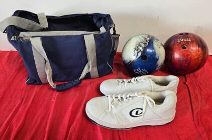Dexter Size 14 Bowling Shoes, Brunswick Bag, 2 Bowling Balls (BTA2425, Tiki Logo), Large Set