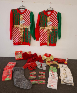 Holiday Party Lot With 2 Christmas Sweaters M, 8 Bows, 15+ Napkin Packs, Cookie Kit, Decor