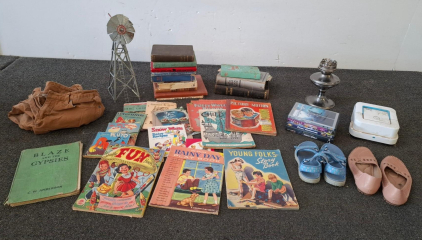 Vintage Collectibles & Books Lot: "Blaze and the Gypsies", Toy Windmill, VHS Tapes, Shoes