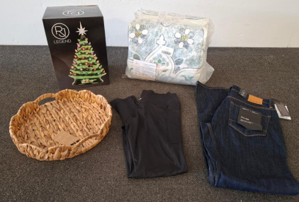 RJ Legend Ceramic Tree, InLune Area Rug, Airesly Basket, DU/ER 32x34 Jeans, XL Pants, Wicker Tray.