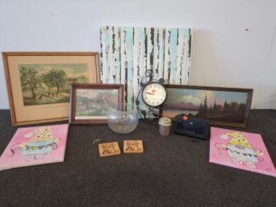Lot Of 5 Artworks: Abstract Birch Painting, Vintage Currier & Ives Prints, Easter Gnome Set, Panorama