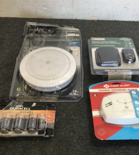 (1) Pack Of C8 Batteries (1) First Alert Carbon Monoxide Alarm (1) Utilitech Remote Control Outlets (1) Ecolight LED Closet Tap light