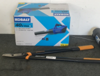 (1) Kobalt 40V Cordless Blower (1) Fiskars Shrub Trimmers