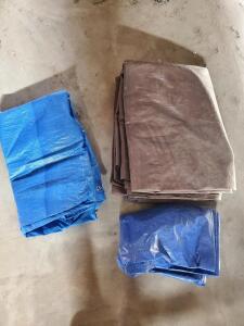 (OFFSITE) Three Polyethylene Tarps &ndash; Blue and Brown, Approx. 10x12 ft, Reinforced Corners, Grommeted Edges