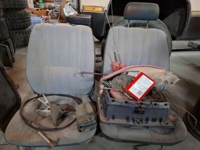 (OFFSITE)Pair of Vintage Blue Cloth Automotive Bucket Seats w/Tracks and Headrests, c. 1978-1987