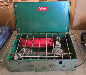 ( OFFSITE) Coleman Two-Burner Camp Stove Green, Liquid Fuel, 18.5"x12" Size, Steel Body, Vintage USA