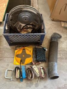 (OFFSITE)Mixed Lot: Oregon Brush Blade, Hubcaps, Ratchet Straps, C-Clamp, Rope, Duct Hose