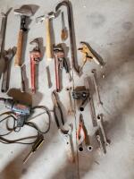 (OFFSITE) Assorted Hand Tools Lot: Craftsman Drill, Ridgid Pipe Wrenches, Hammers, Pliers, Crowbar - 3