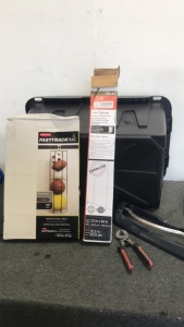 (1) Rubbermaid Vertical Ball Rack (1) Project Source Mini Blind Set (1) Melnor sprinkler (1) Pair Of Snips (1) Heavy Dity Tote