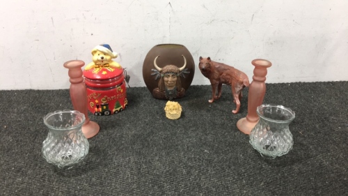 Assorted Vanity Pottery, Candle Holders and Glass