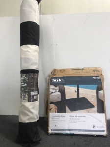 (1) Allen +Roth Patio Umbrella (1) Style Selections Umbrella Base