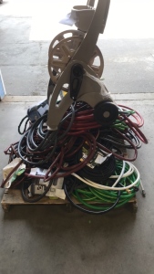 Pallet Of Various Garden Hoses and (1) Hose Reel